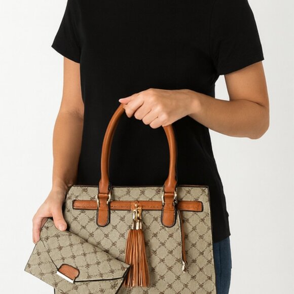 2-Piece Tote & Wallet Set – Green/Gray – Brown Trim - Picture 1 of 13